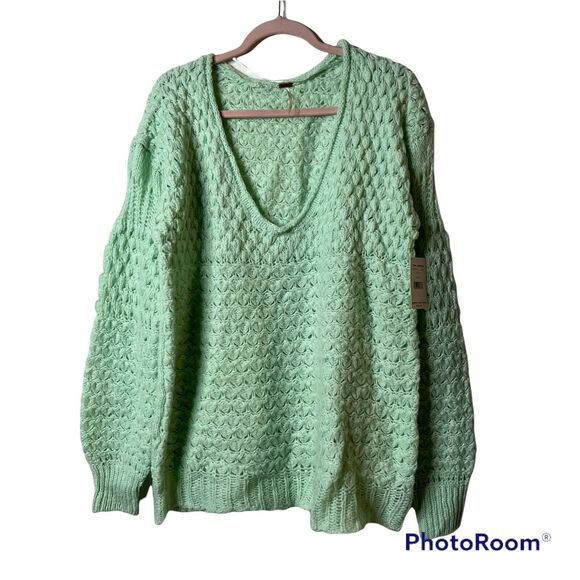Free People Crashing Waves Open-Knit Chunky Oversized Sweater Mint Green Large - Picture 2 of 11